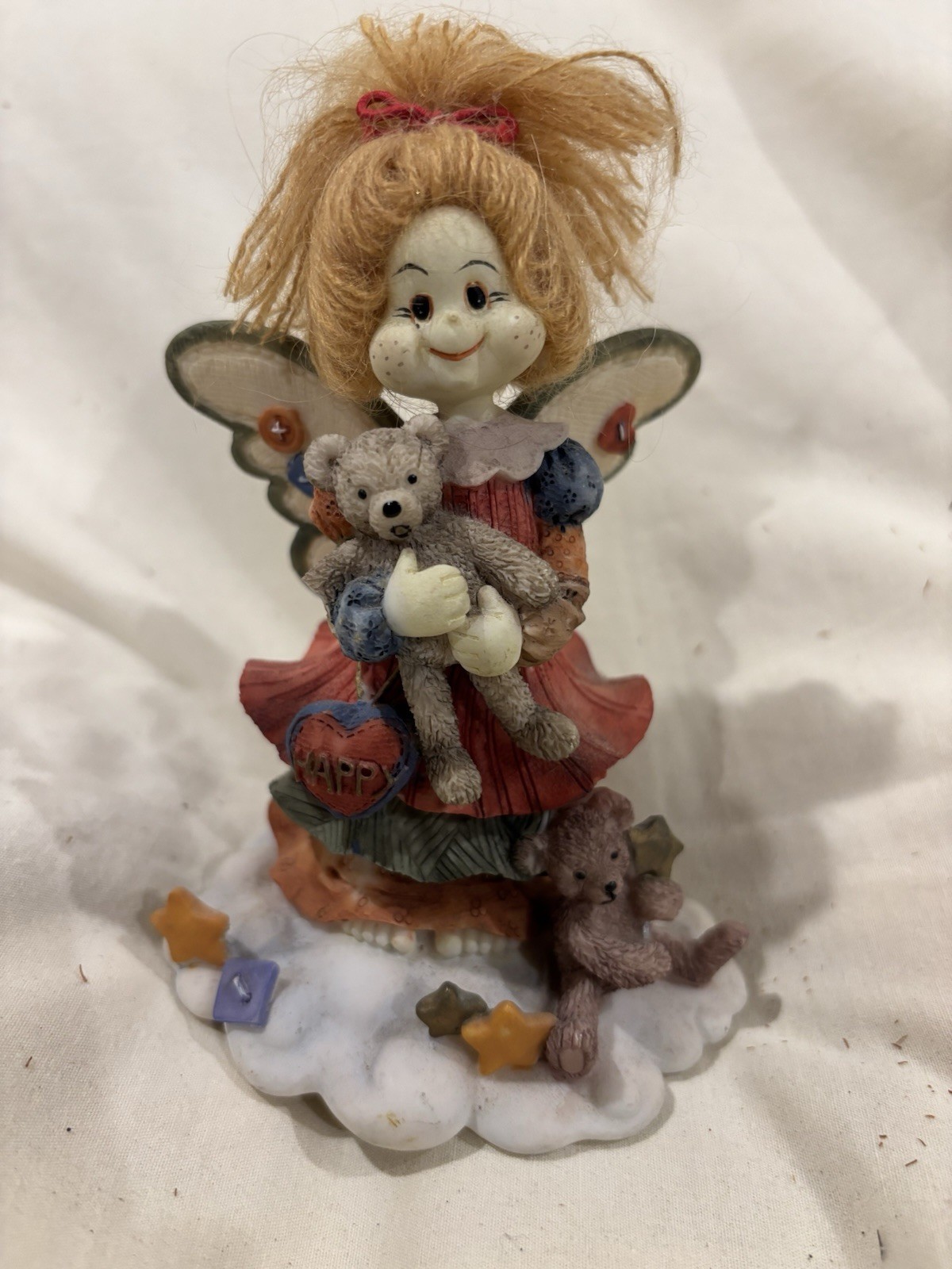 PATCHWORK FIGURE FIGURINE 4INCH TALL ANGE L WITH BEAR AND WINGS
