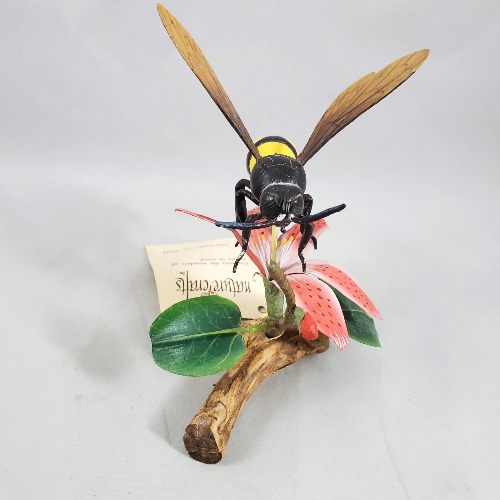 Vintage Nature Crafts Wood Paper Wasp on Flower & Branch Hand Carved & Painted