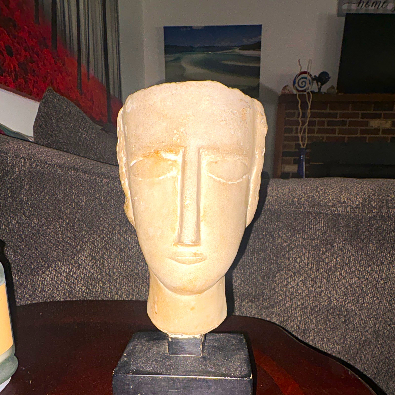 Abstract Stone Bust Statue, Beige Head Sculpture on Black Base, 3D Effect Resin