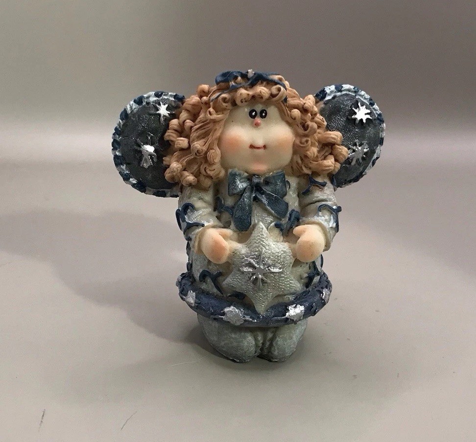Angel Figurine Holding A Star 3.5” Curly Blonde Hair Blue Wings Christmas