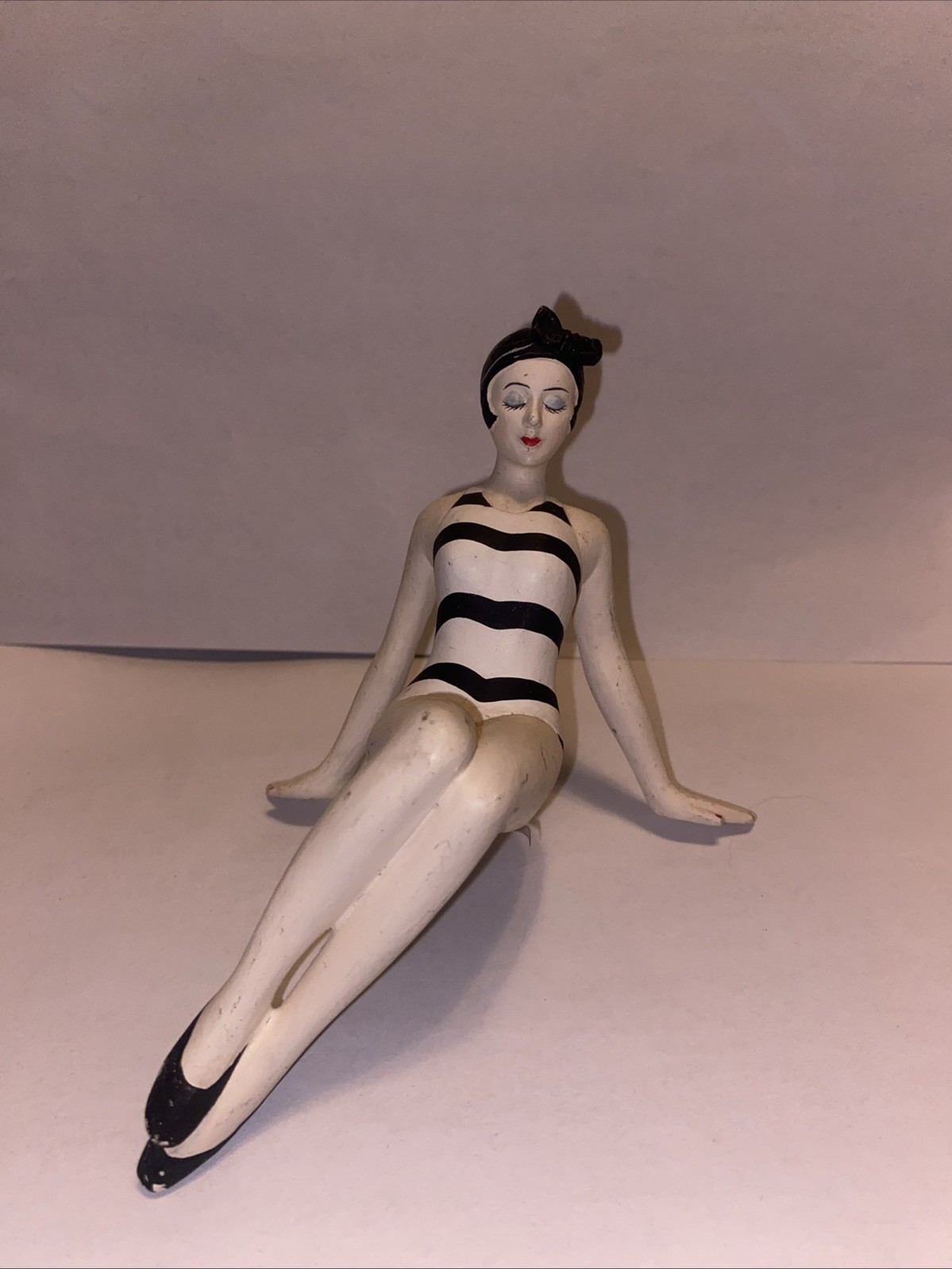 BATHING BEAUTY FIGURINE FIGURE SHELF SITTER BLACK & WHITE STRIPE ART DECO