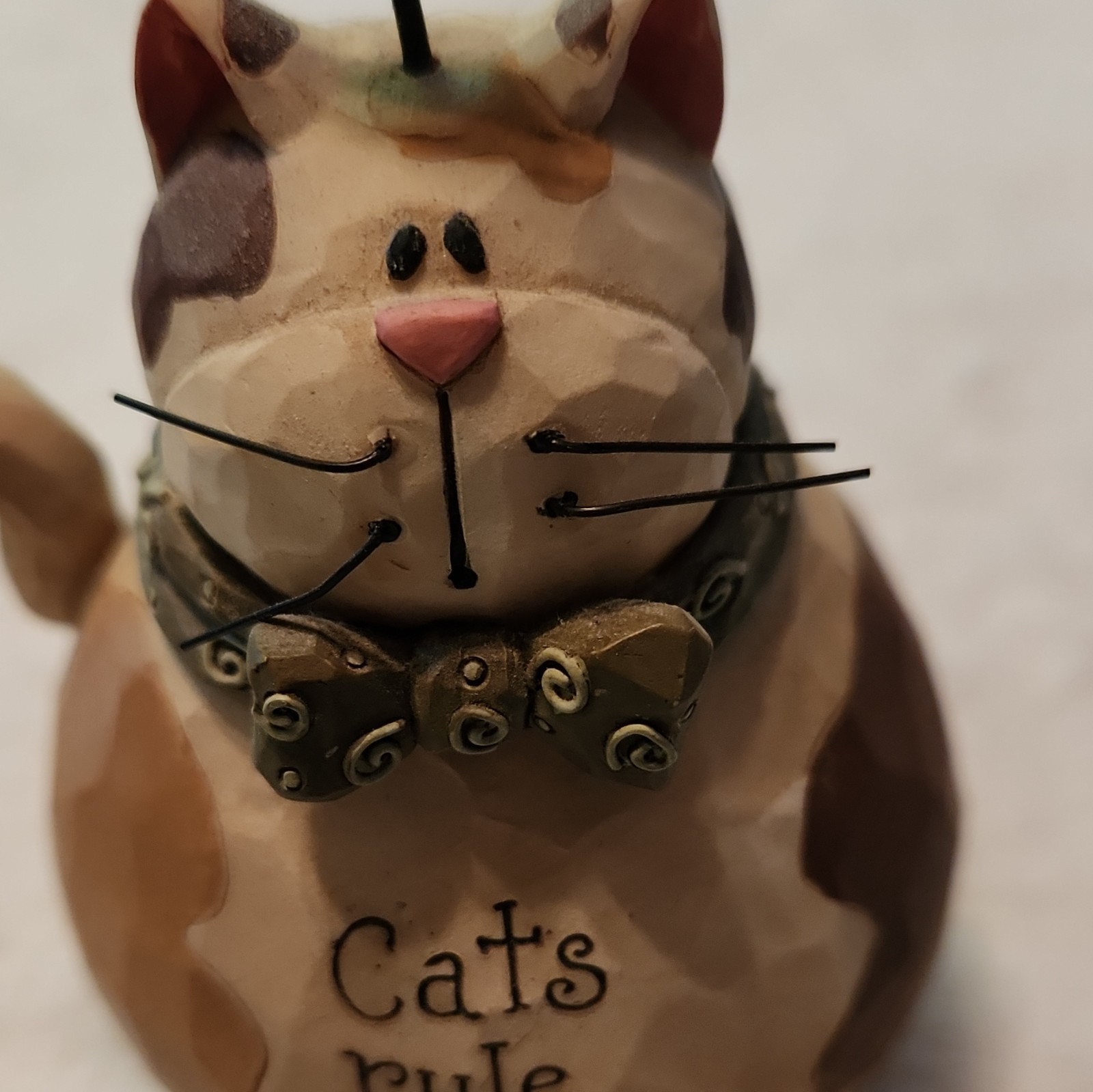 Small Painted Resin Cat Figurine w/ Star Pick & Bow Tie, “Cats rule Dogs drool!”