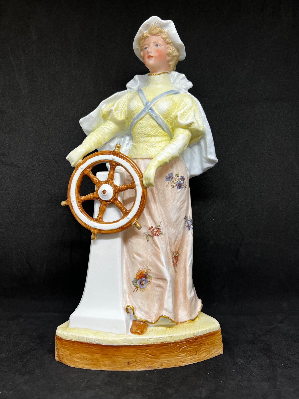 Gebruder Heubach-German Bisque-A Young Sailor Woman Steering-Pink Skirt 11 1/2″