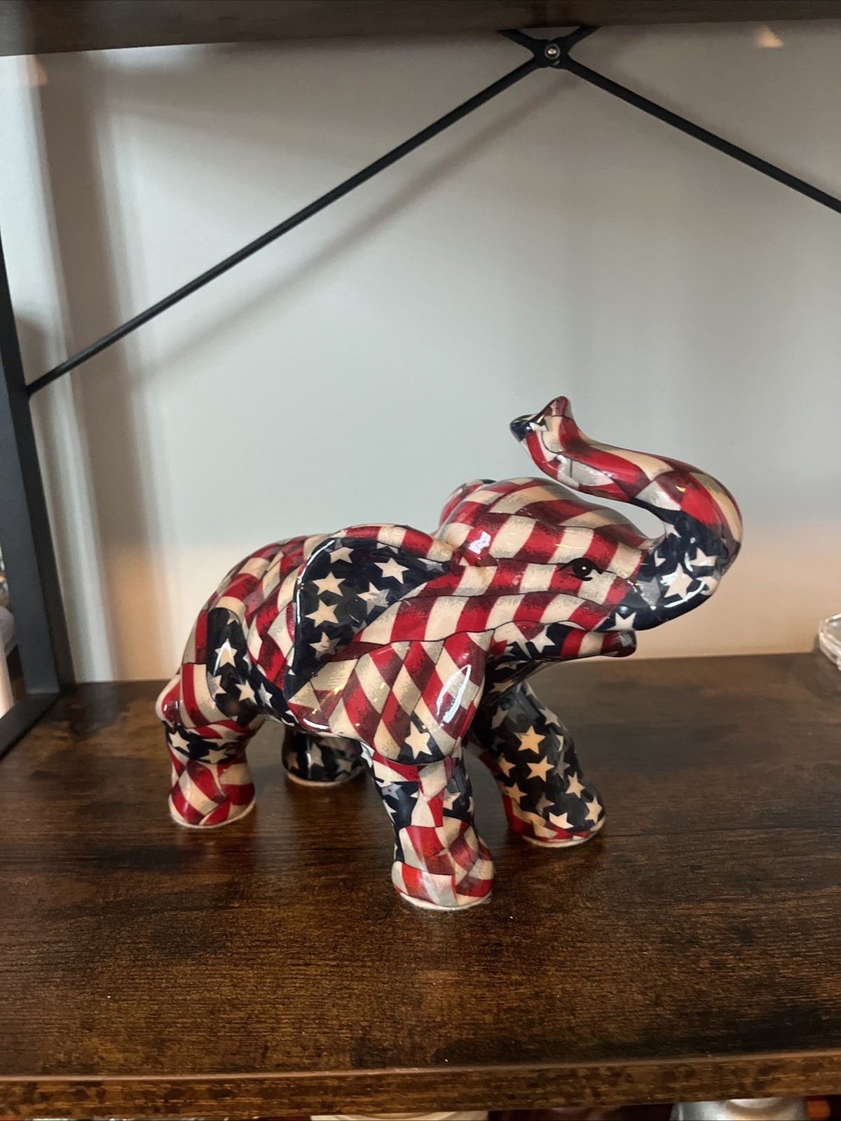 Elephant Glazed Ceramic American US Flag Decoupage Statue Sculpture Patriotic.