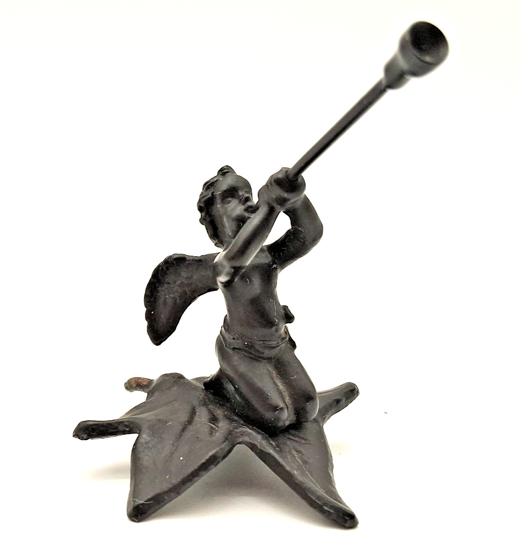 Vintage Iron Black Painted Cherub Angel Blowing Trumpet Horn On a Leaf 2.5″ X 3″