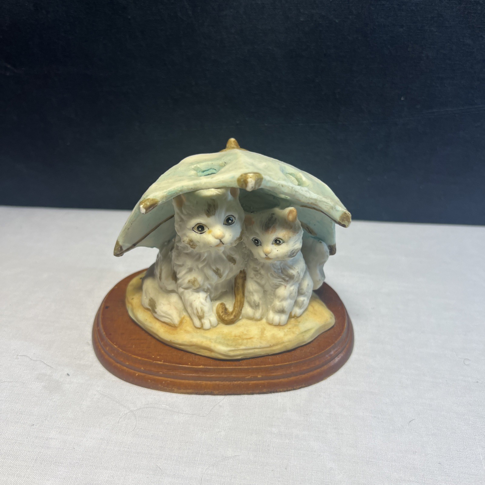 Vintage Wood Base Porcelain Cats Figurine. Cats Sitting Under Holey Umbrella