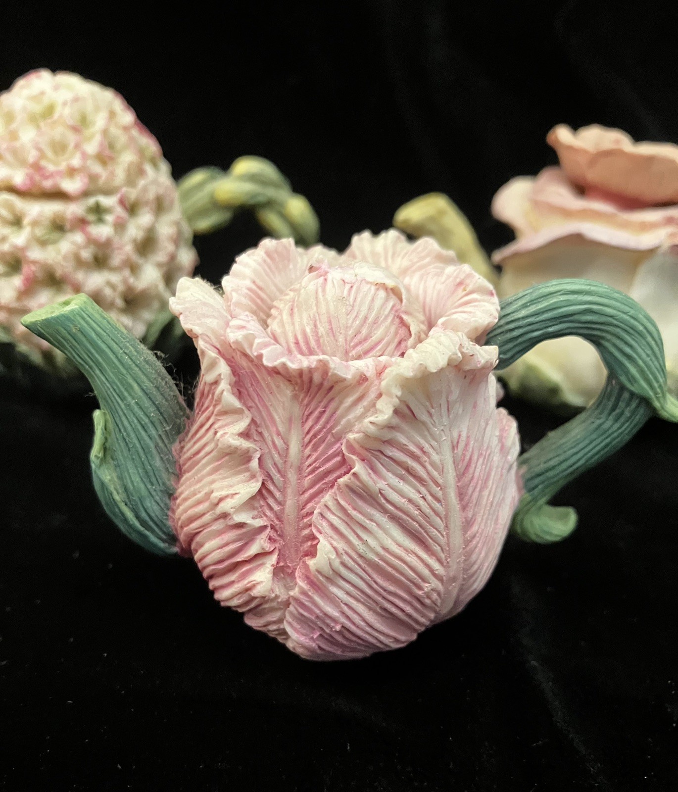 Set of 3 Miniature Flower Doll House Fairy Teapots Hydrangea Camellia Rose Tulip