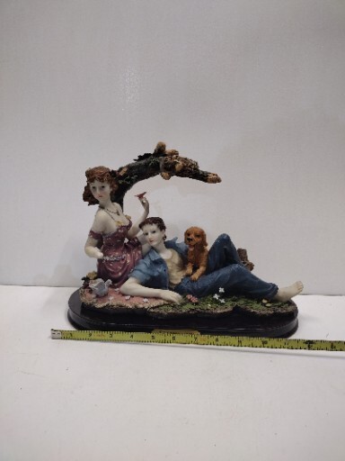 Giovanni Collection Sculpture. Lady And Man With Dog At Picnic Nesting Birds.
