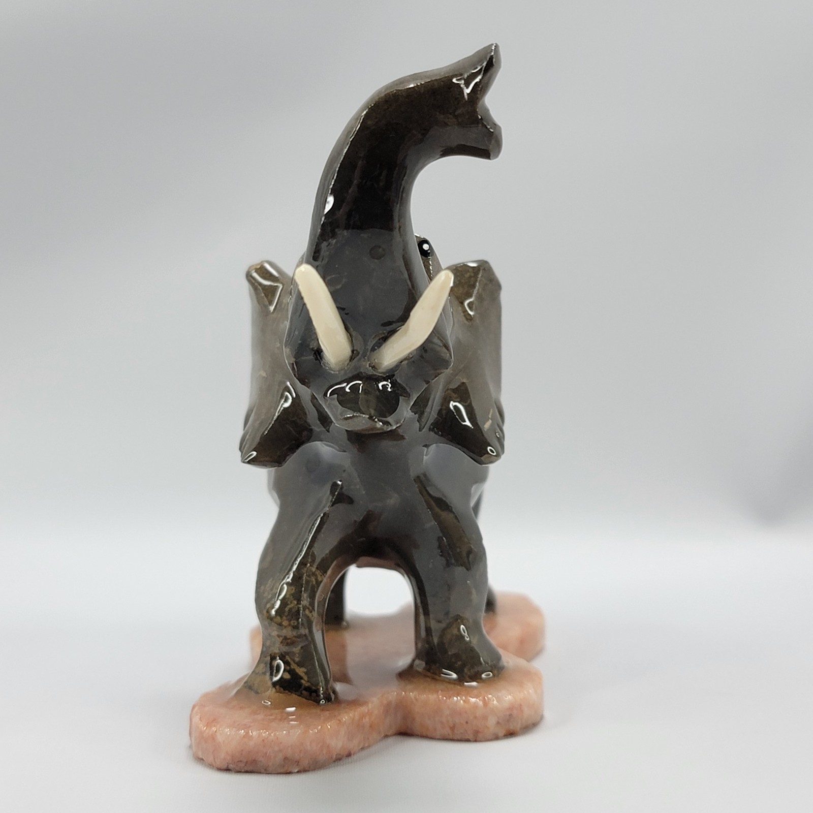 Ceramic Elephant Figurine Trunk Up 3″ Brown-Green High Gloss Small RT Ear Chip