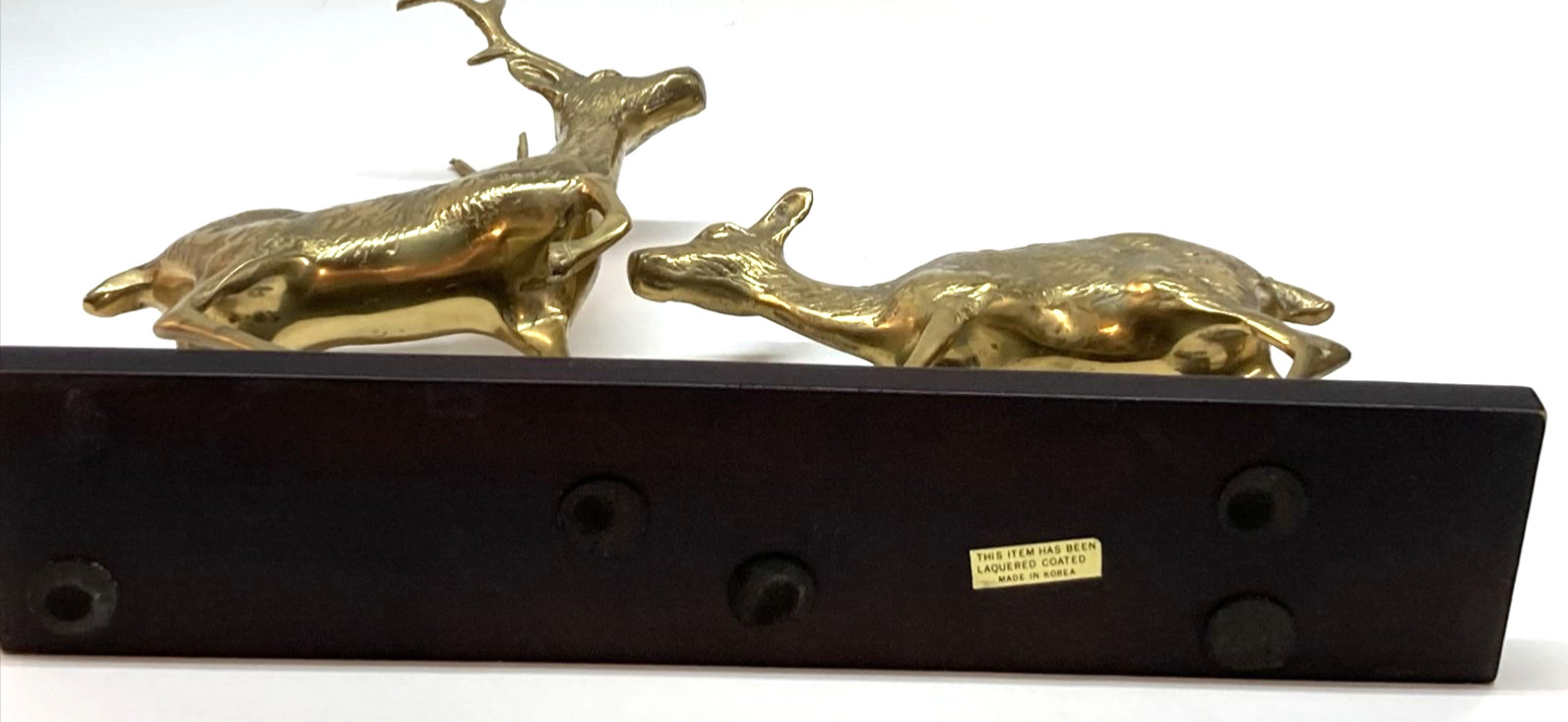 Solid Brass Buck and Doe Deer Figurines Mounted on Wood Base Vintage MCM Korea