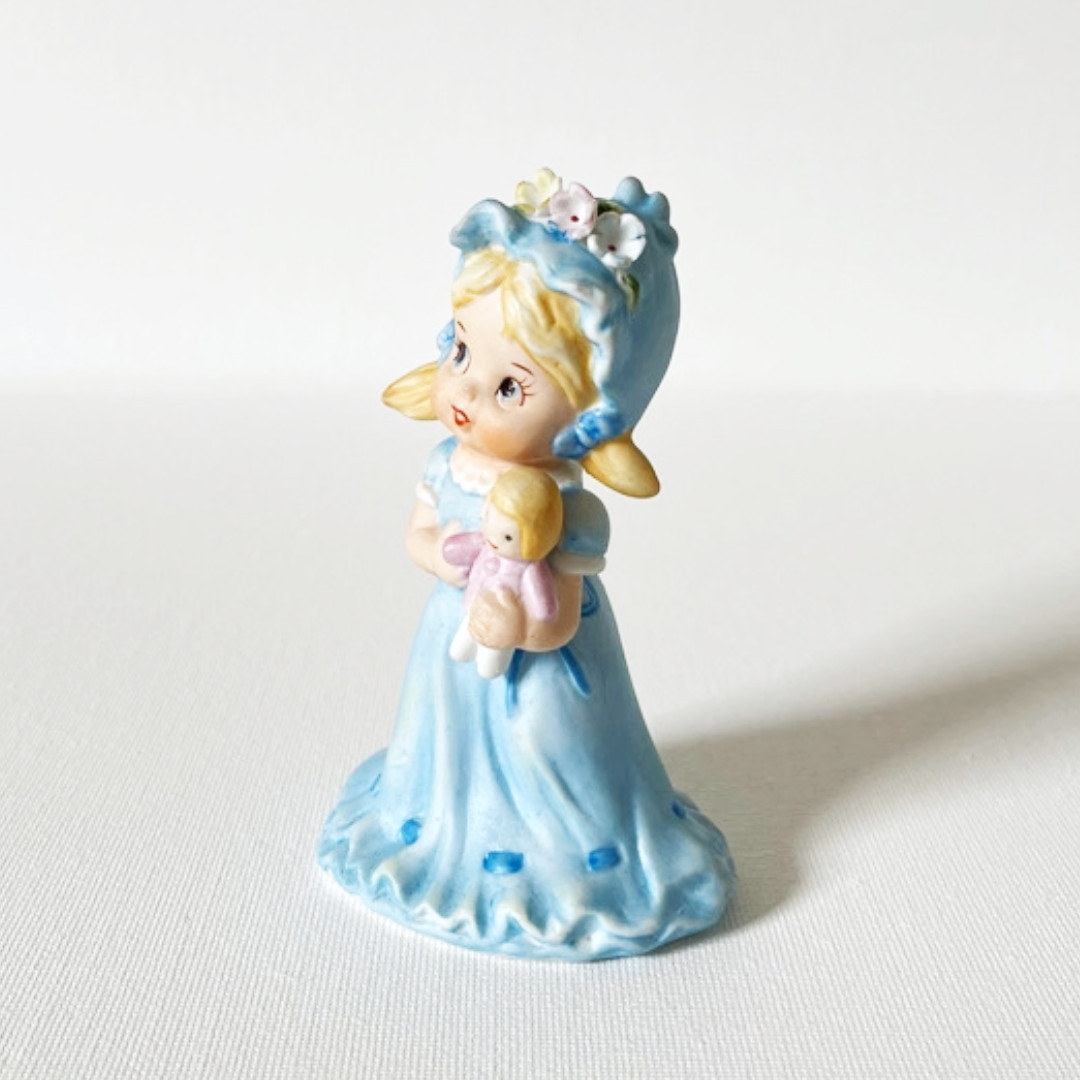 Vintage ~ Napco ~ 1956 Blue Dress Girl with Doll Figurine ~ Porcelain Bisque