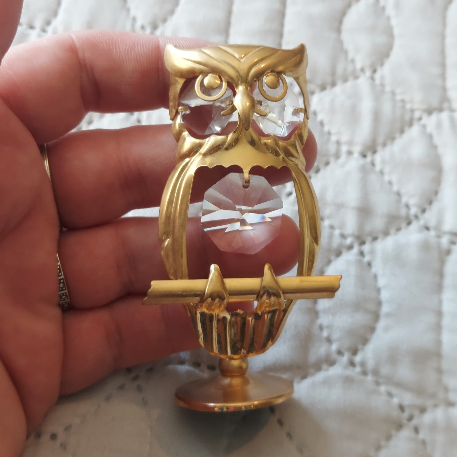 Vintage 1993 Mascot Intl Gold Plated Owl Figurine with Faceted Crystals 3.75in