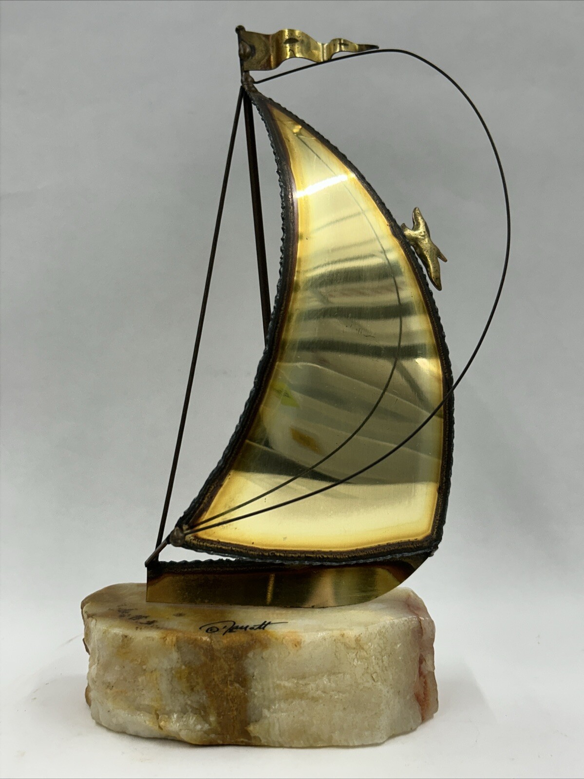 De Mott MCM Brutalist Brass Copper And Onyx Sailboat Sculpture Signed On Base