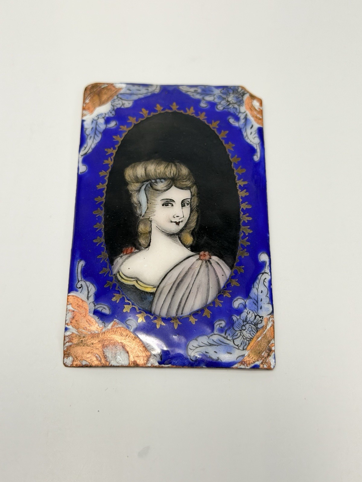 Antique Victorian Enamel Portrait Elegant Lady Porcelain Copper Miniature Plaque