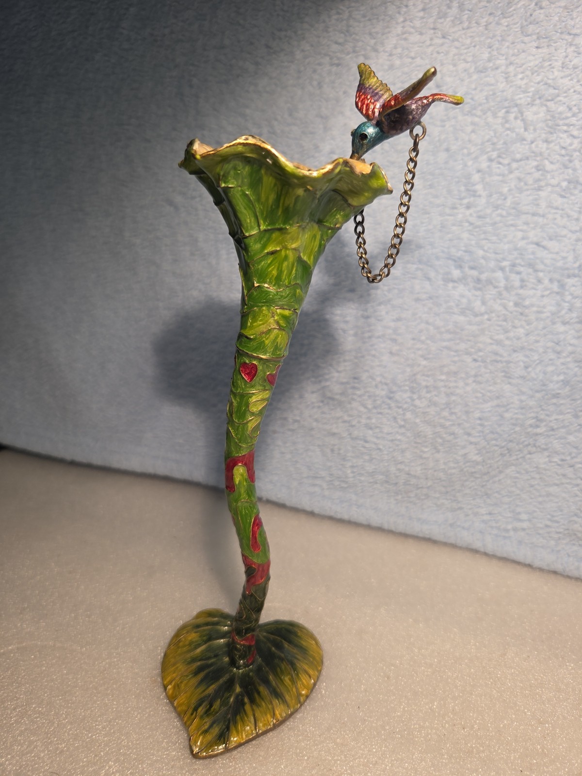 VTG Le Tresore’ Enamel on Metal Hummingbird in Flower Figurine With LT Mark