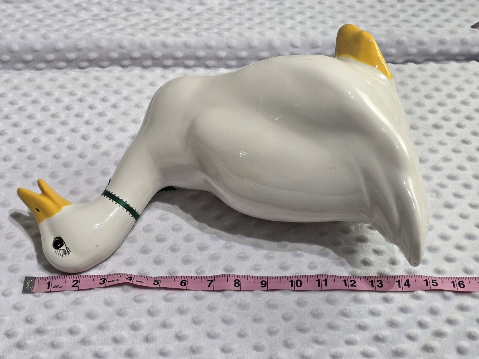 Vintage 1980’s Ceramic Goose Figurine 15″ White With Green Ribbon Bow Outdoors