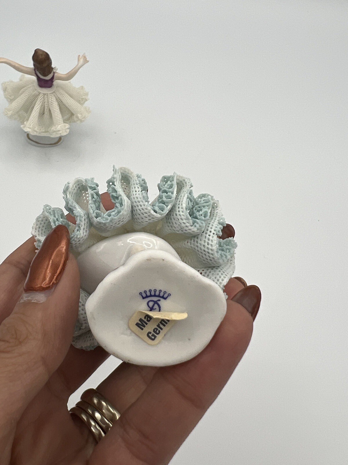 Vintage German Karl-Heinz Klette Dresden Lace Porcelain Ballerina 4″ Set of 2