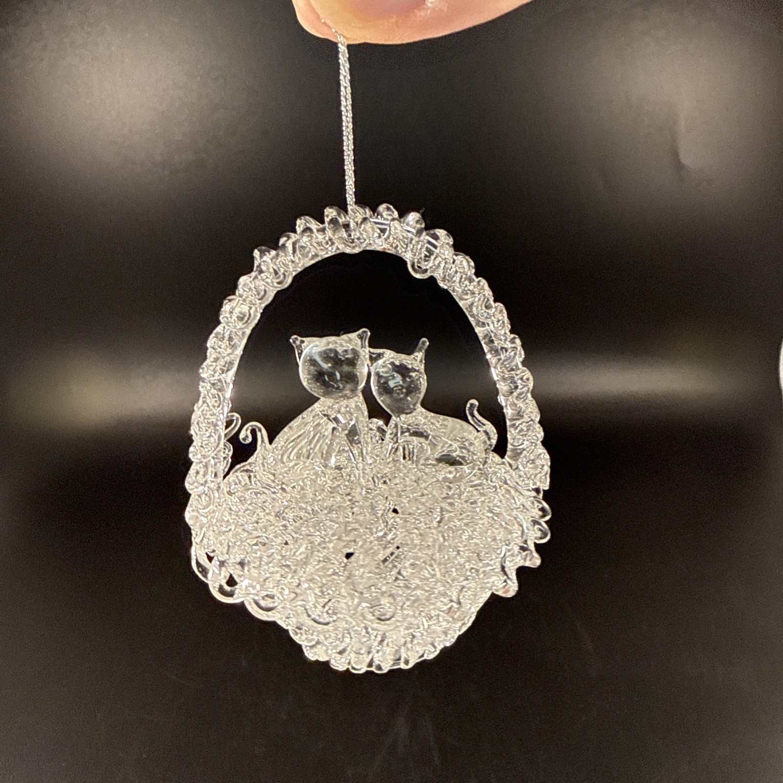Vintage Hand Blown Spun Clear Glass Cats In A Basket Ornament 3” X 2.5”