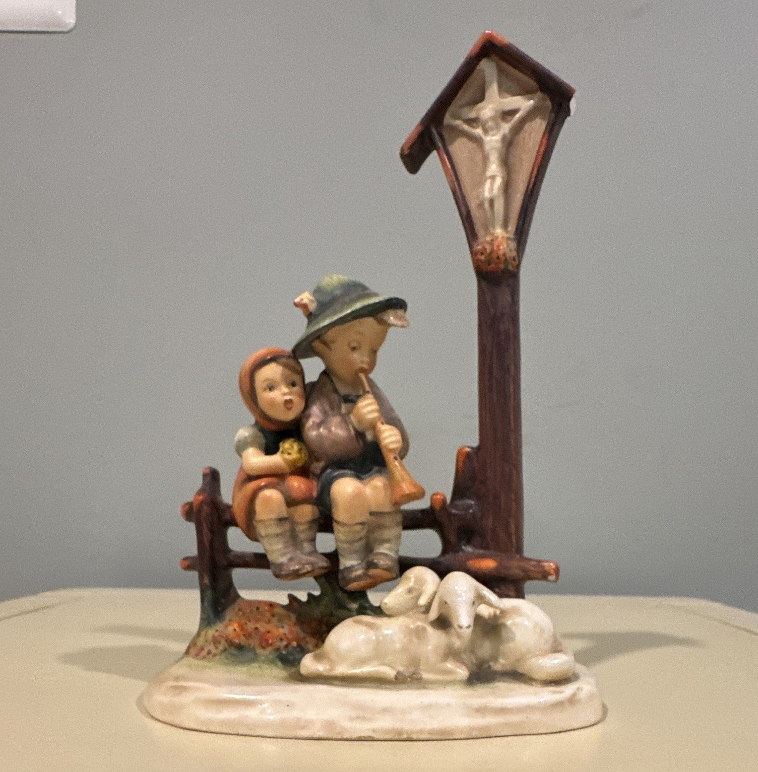 Ceramic Glazed Multicolor Kids Angel Figurine, Children on Bench with Cross