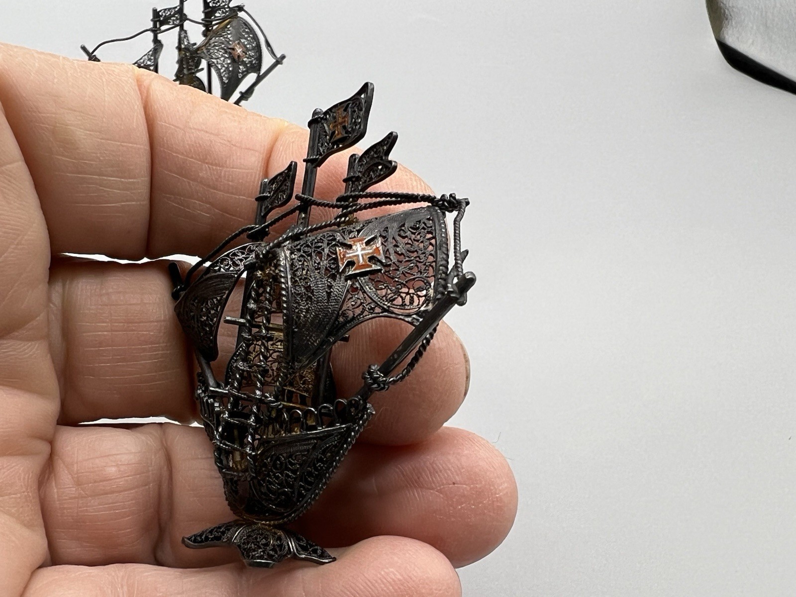 Set of Two VTG Silver Toned Metal Filigree Miniature 2” Spanish Galleons