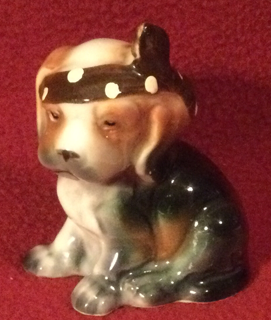 Vintage whisical Ceramic Dog Figurine with head scarf approx. 2.5″