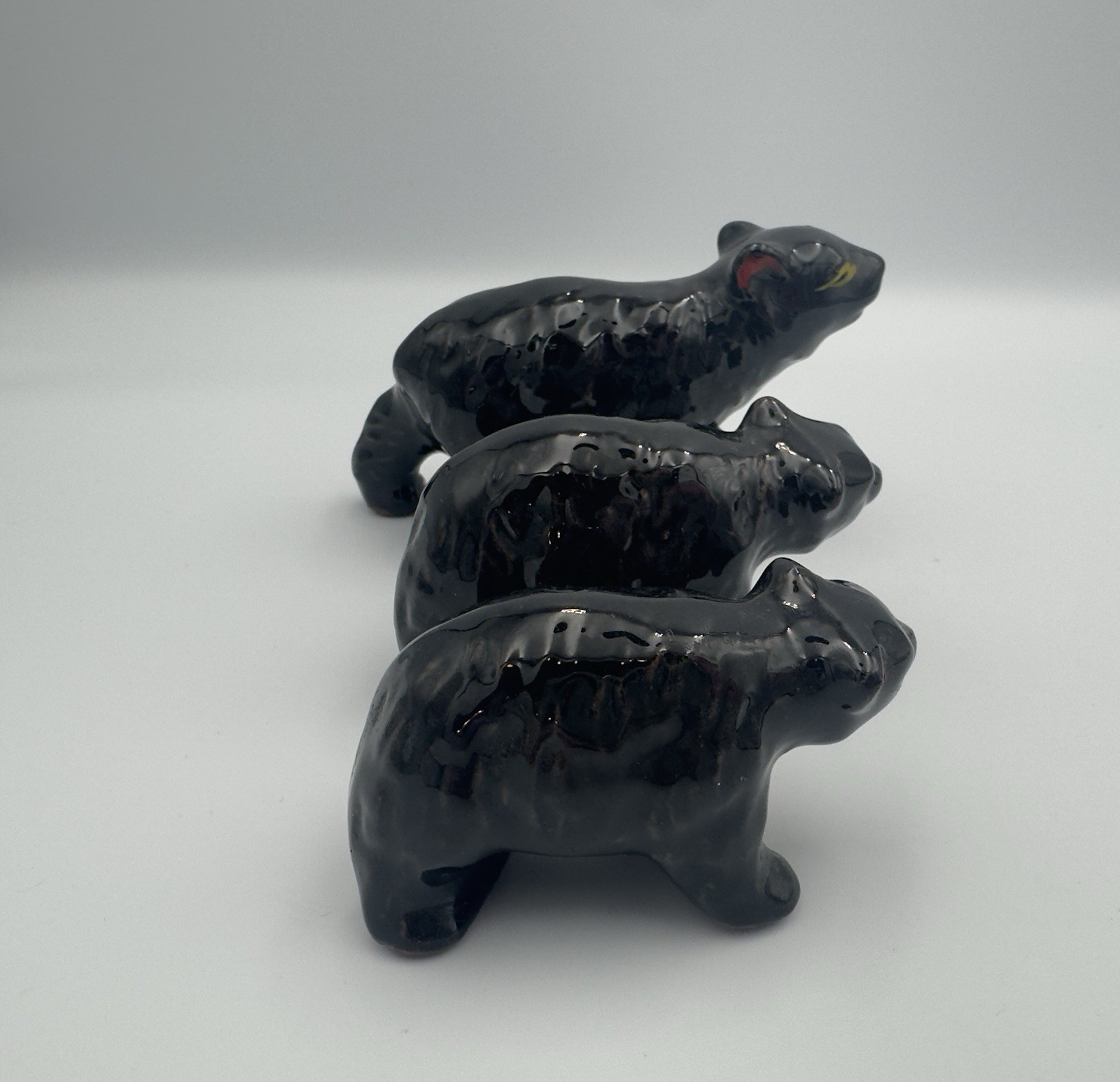 Mid Century Modern Black Ceramic Family Of Bears Hand Painted Figurines Trinkets