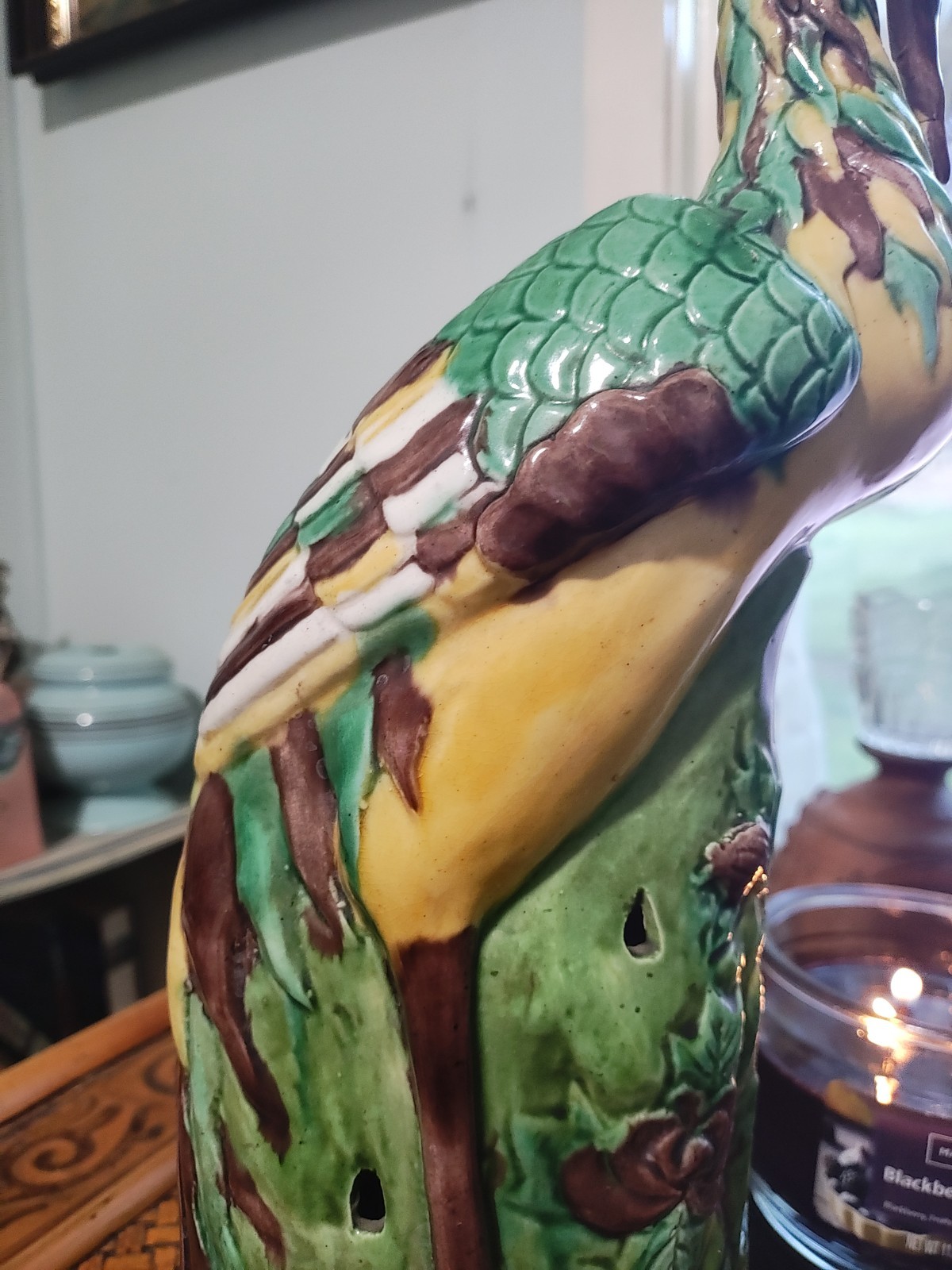 2 Porcelain Phoenix Ho Ho Birds Vibrant open Beak 14″ China MCM used Very Good