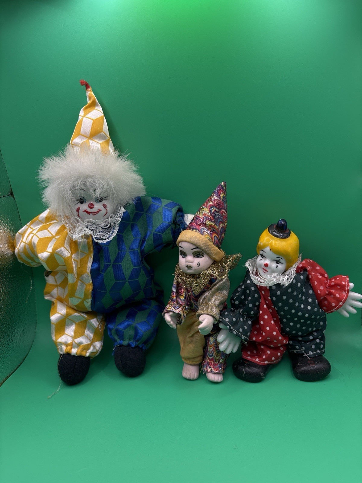 Vintage Clown Doll Lot(3) porcelain face Harlequin Carnival Retro Decor
