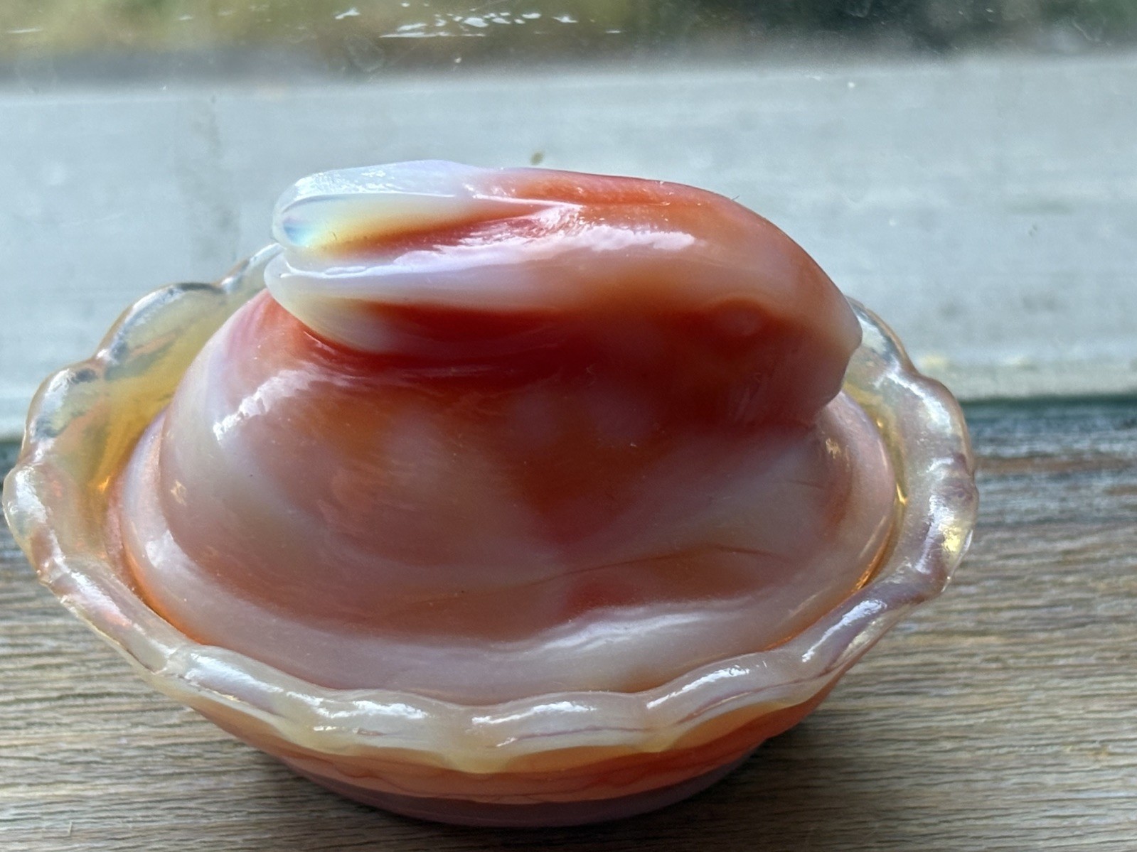 RARE Vintage Boyd Glow Orange Slag Glass Salt Nesting Bunny Rabbit Mini UV Glow