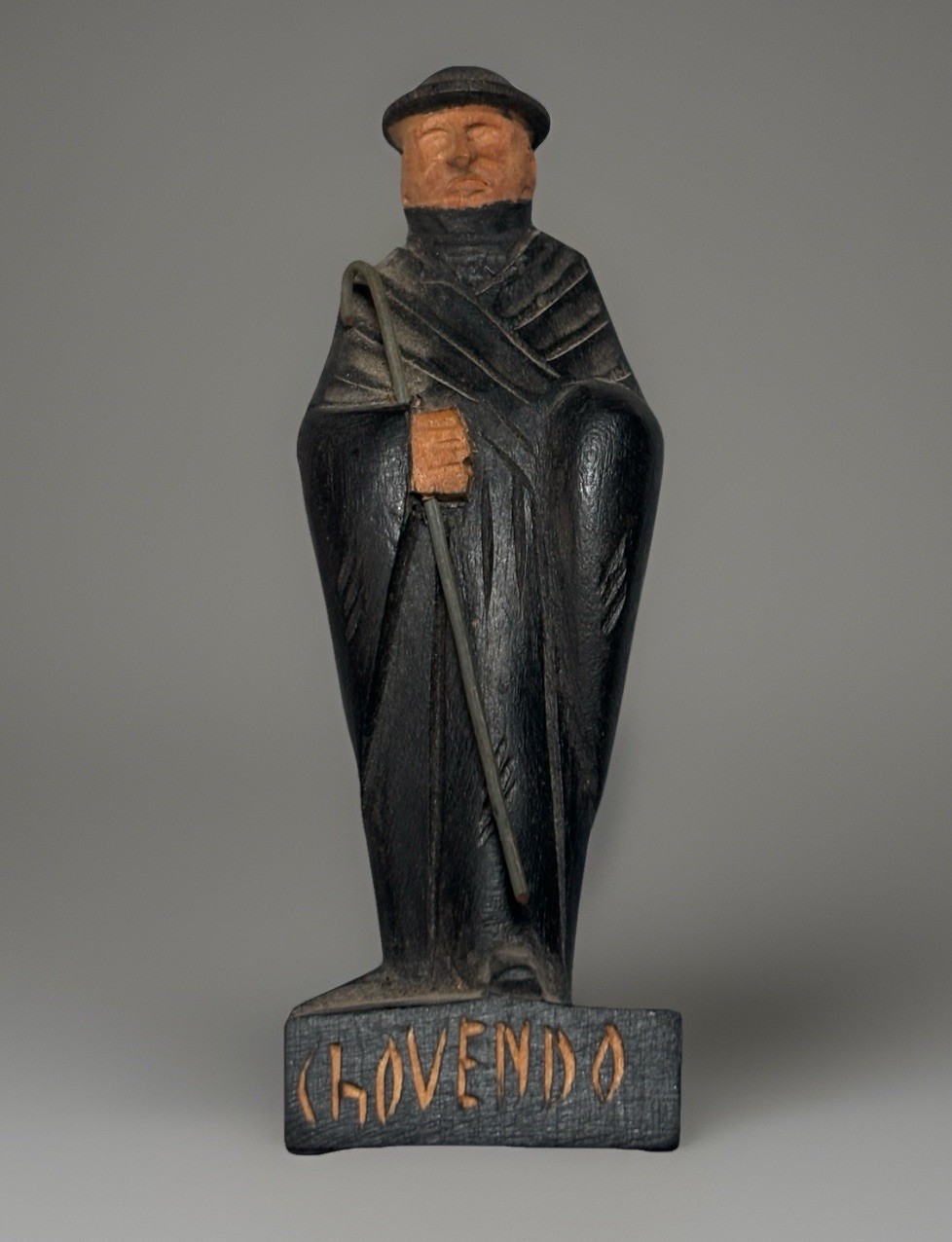 Vintage Hand Carved Wooden Folk Art Figure ‘CHOVENDO’ Man w/ Metal Cane