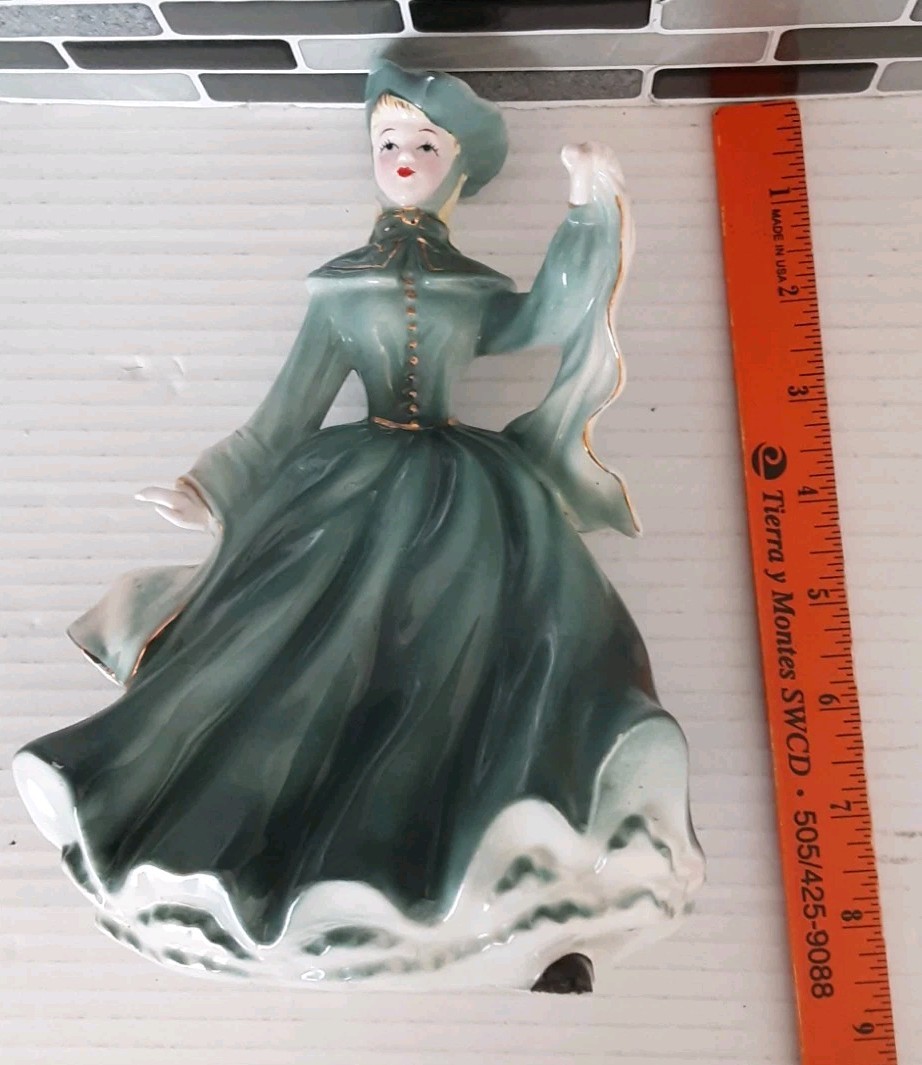 Vtg Porcelain Women Figurine Green Dress Blond Blue Eyes Japan Ucagco
