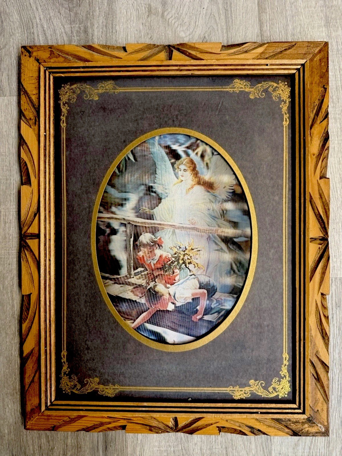 VTG (3D) picture Boy and Girl by A Stream with Guardian Angel Carved Frame 20*16