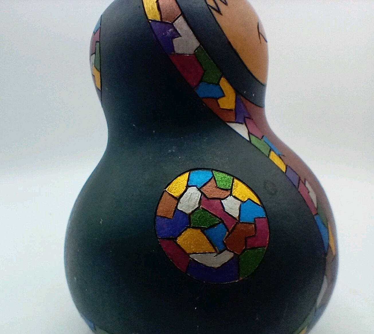 Gourd Woman Carrying Vessel Hand Painted Folk Art Signed TD Colorful Mosaic Trim
