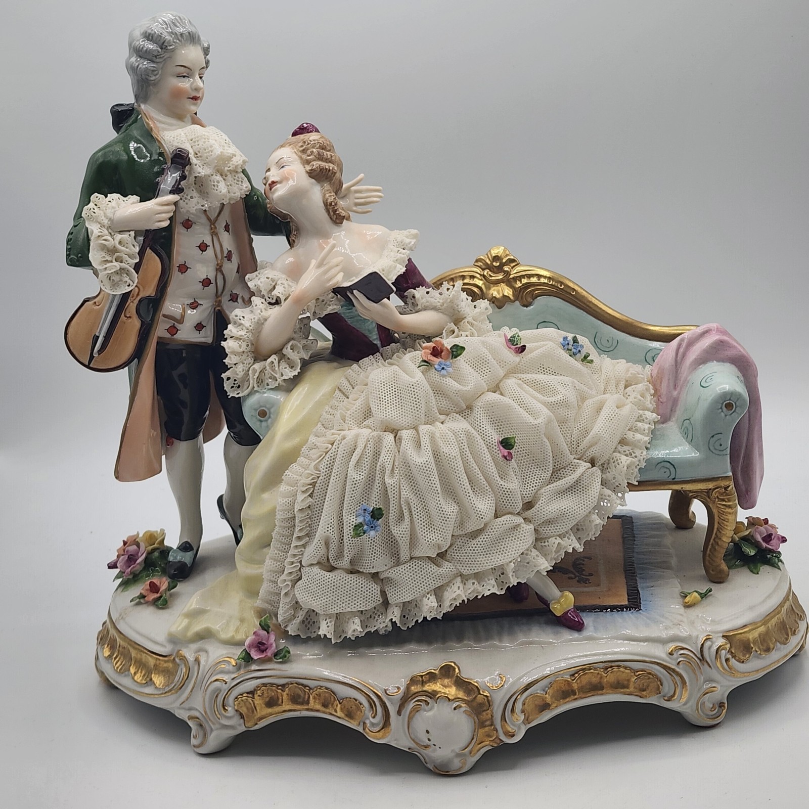 RARE Lg. German Unterweissbach Dresden Lace Figurine Lady and Man 10″x10″