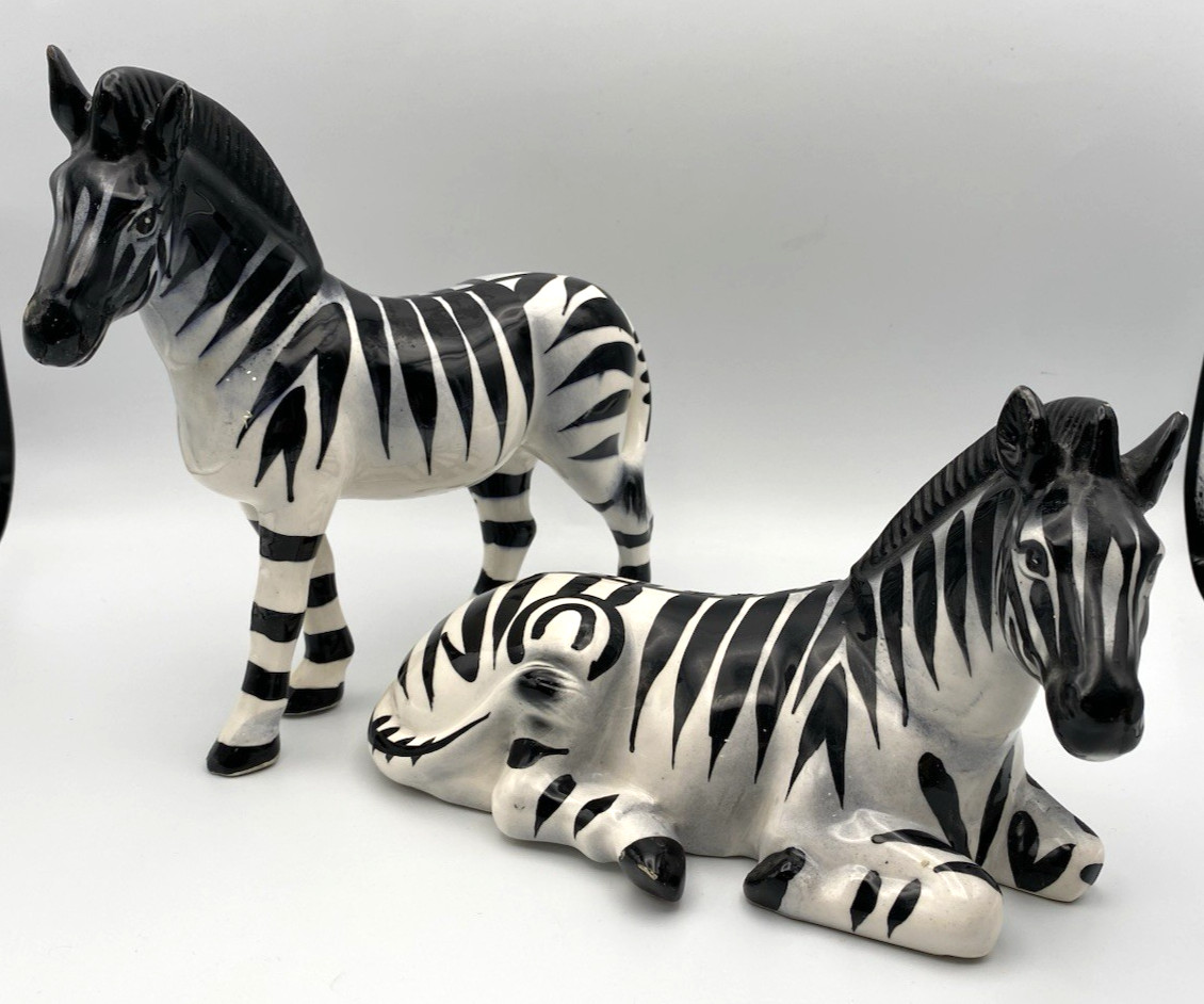 Vintage Capodimonte Hollywood Regency 2pc Standing Laying Zebra Figurine Italy