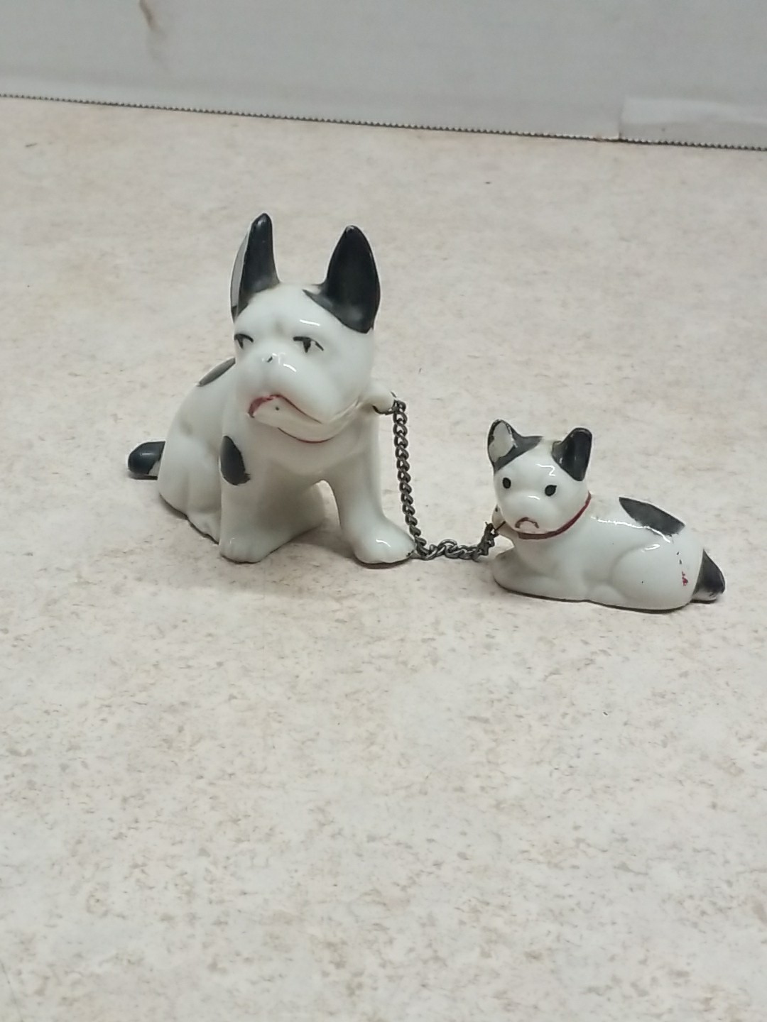 Antique Dog & Puppy on a Chain Terrier Porcelain Figures Stamped Japan