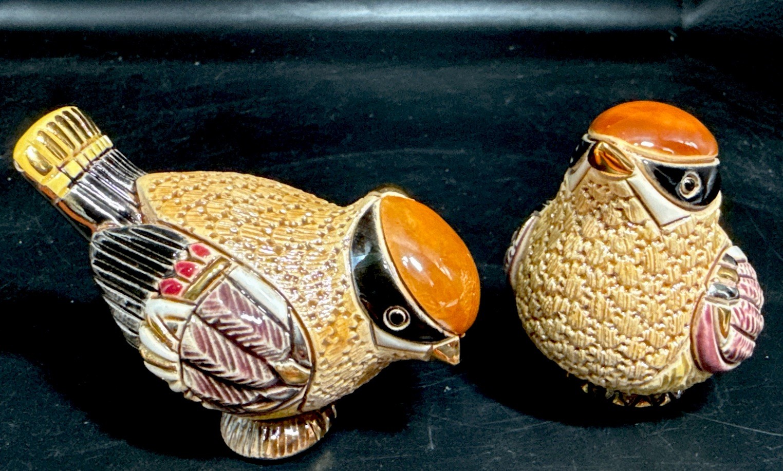 De Rosa Rinconada ~ Handmade Stoneware 2 WAXWING BIRDS ~ w/ Gold Accents 2 1/4″