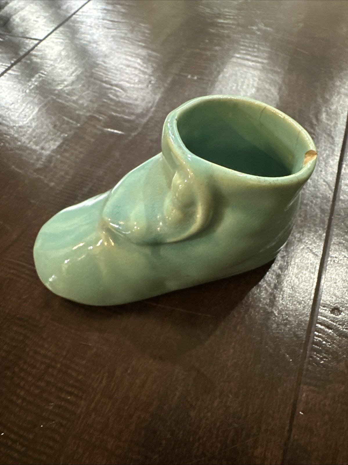 tiny ceramic boot vintage Aqua Blue baby shoe, 1 3/4” tall Precious Nursery Boy
