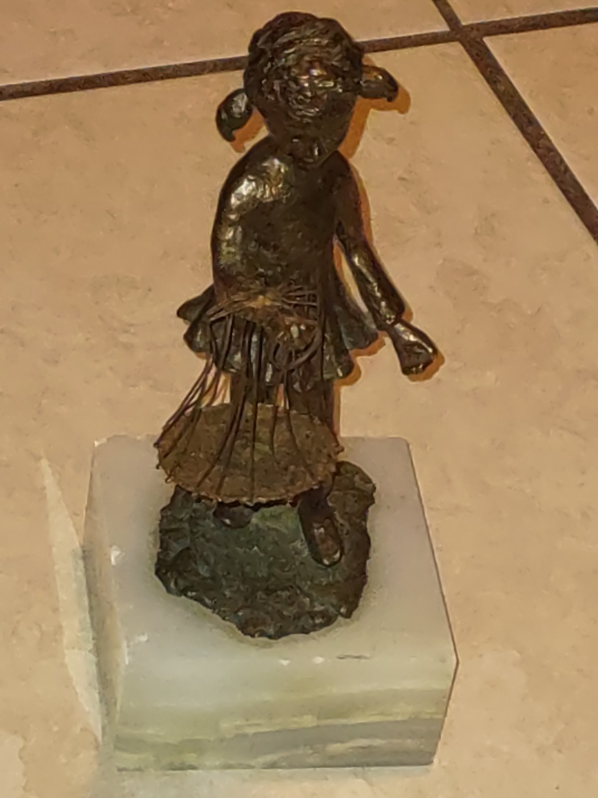 Early 1900’s Bronze Statue of Girl Holding a Basket, Marble Base