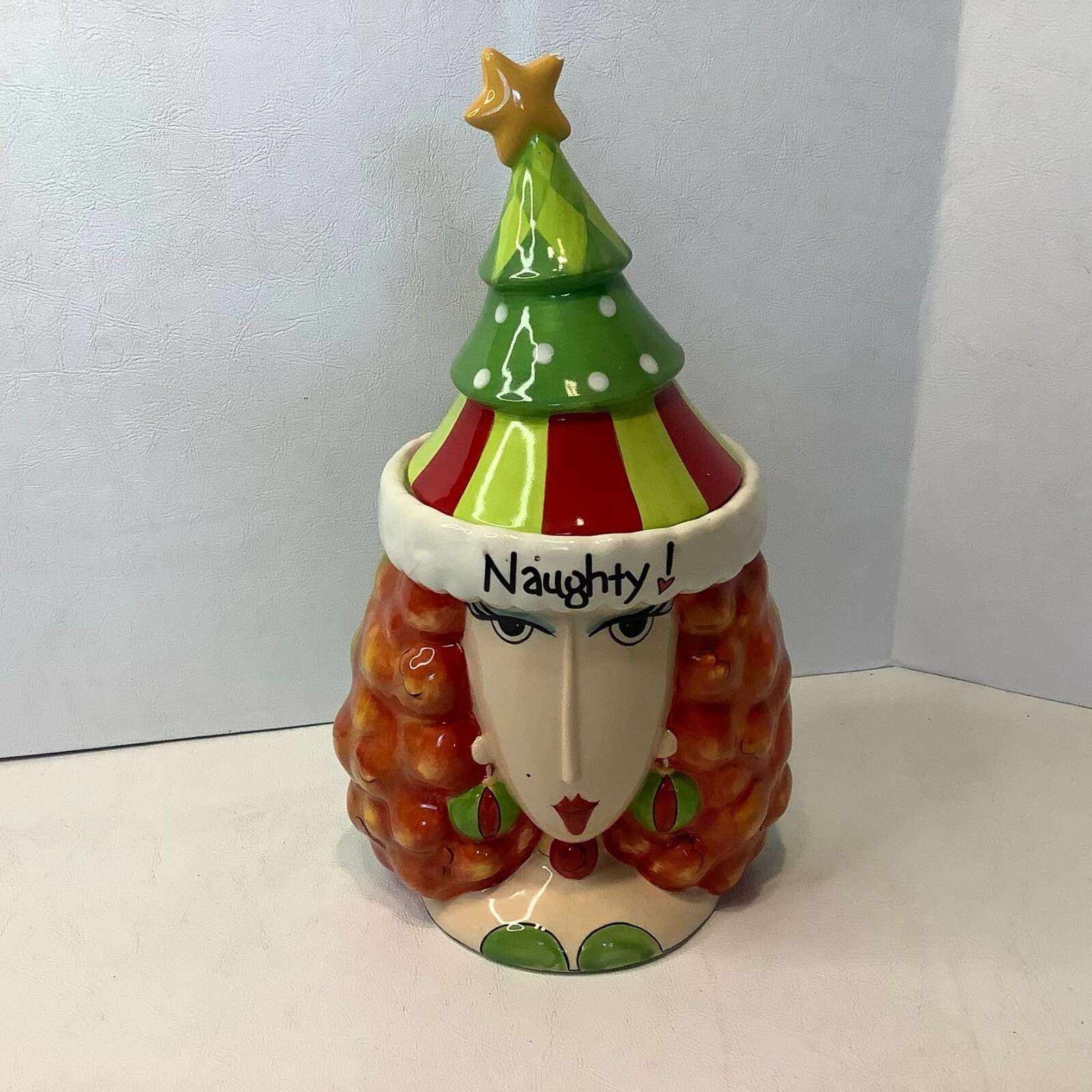 Rare Dolly Mama’s By Joey LLE Small Ceramic Jar Naughty/Nice Christmas 12″