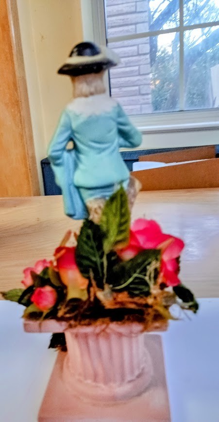 Vintage Bisque Colonial Man Holding Flower Standing on Floral Pedestal