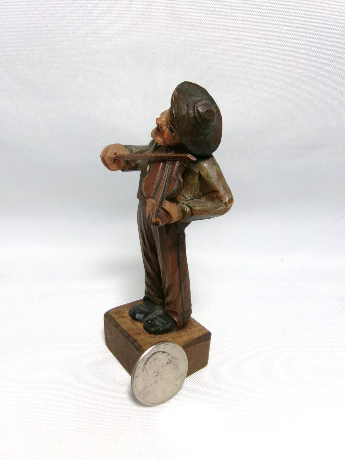 Rare Old World Hand Carved Wood Man & Violin Folk Art Figure, Marked Switzerland