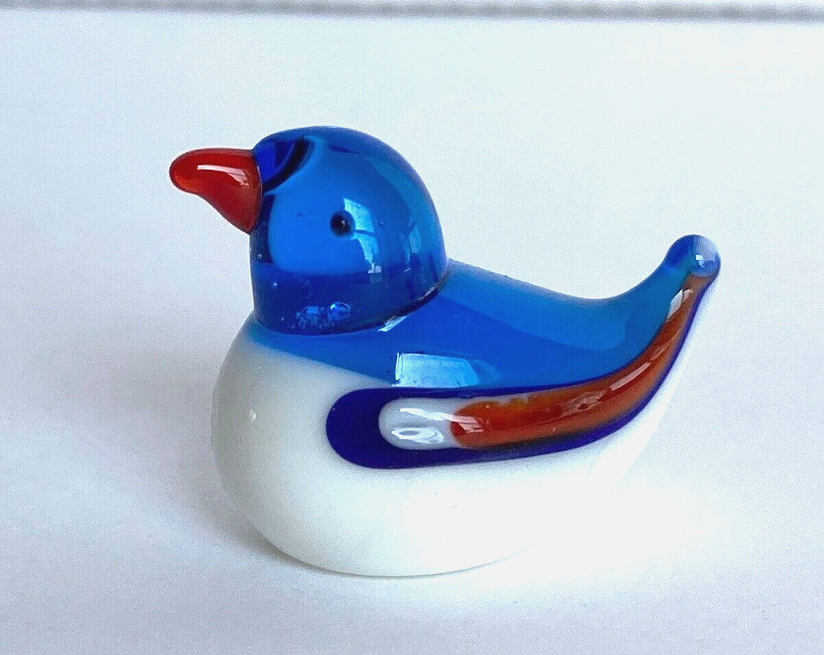 Miniature Mini Glass Bird Figurine Blue, Red & White Bird 1 1/8″