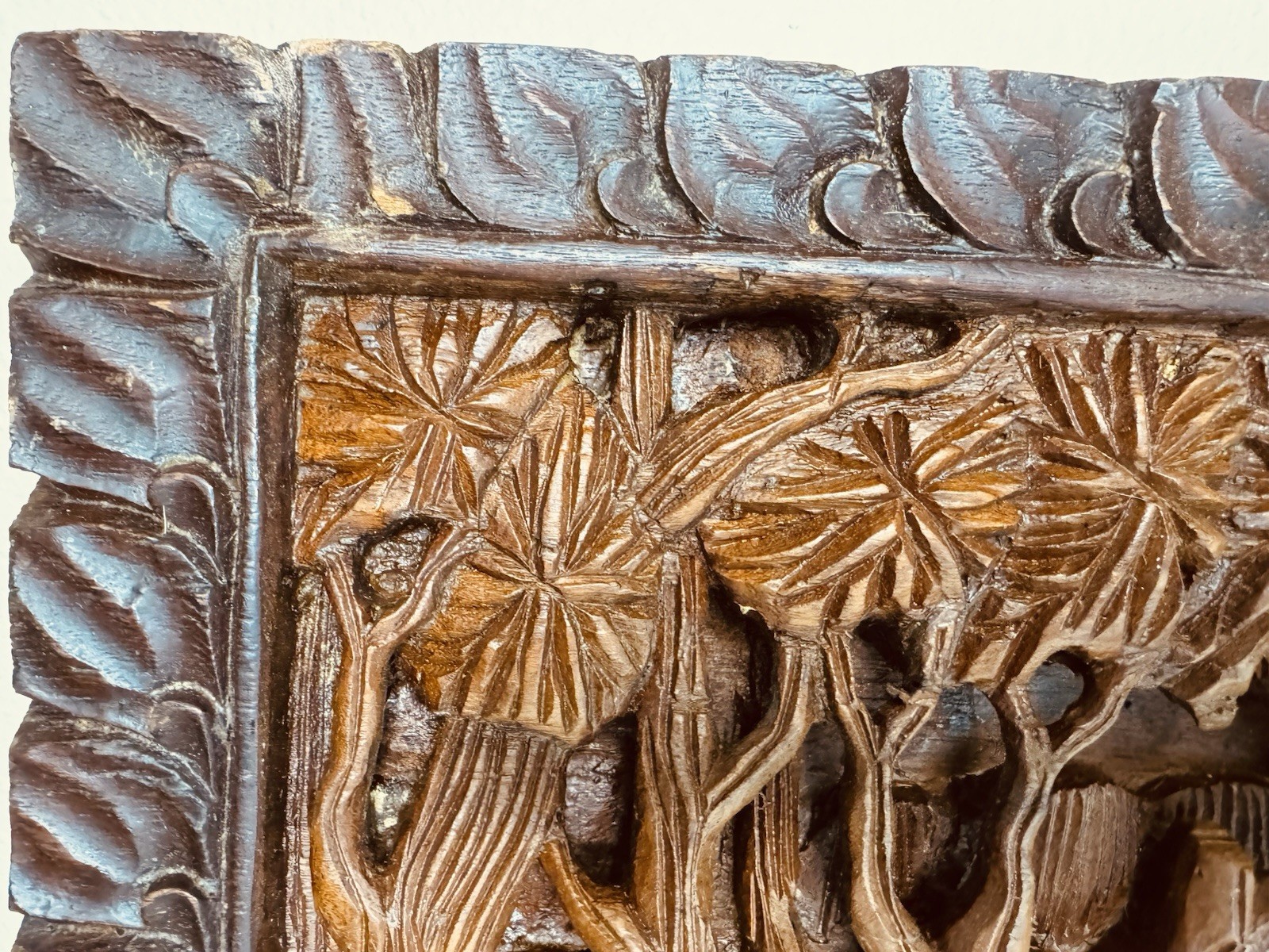 Vintage Thailand Elephants Scene Hand Carved Teak Wood Wall Hanging Art
