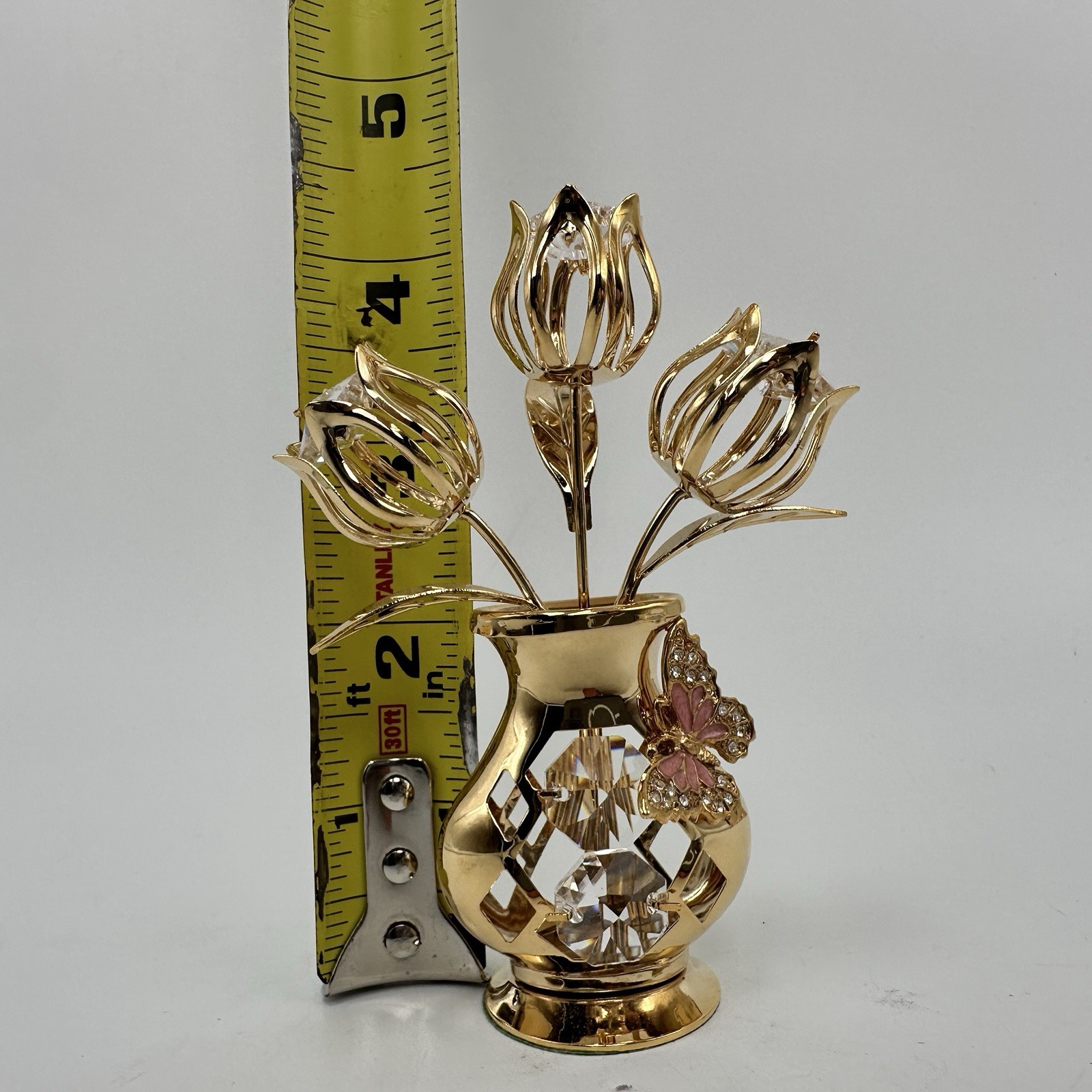 Matashi 24K Gold Plated Crystal Tulip Flower Bouquet w/ Butterfly in Vase