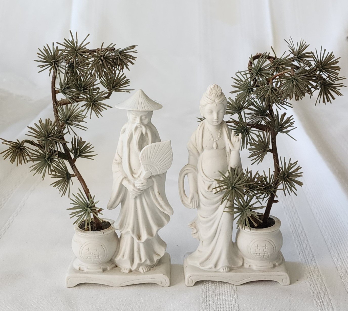 Pair of Vtg. White Bisque Lefton Asian Man & Woman Figure Statues Made In Japan