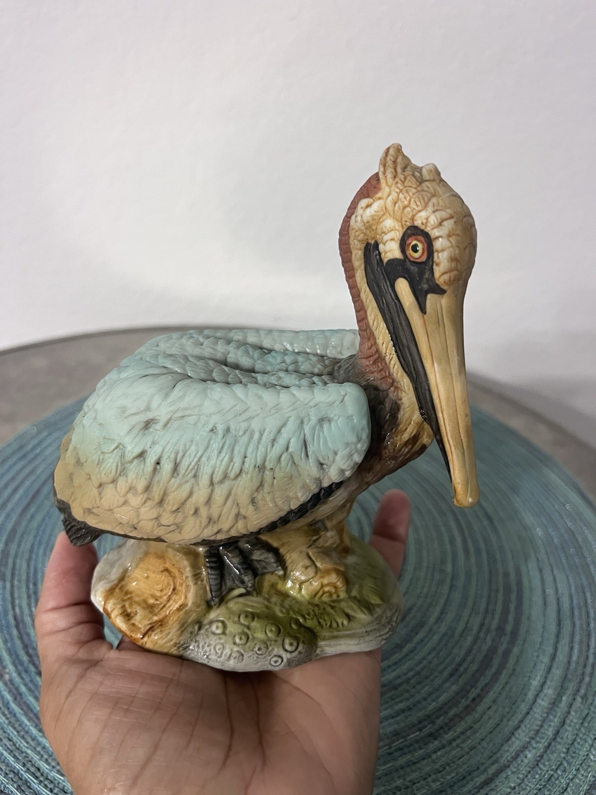 Ceramic Painted Pelican Figurine Blue Brown Beige Black Bird Animal Decor