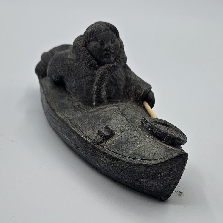 Seal Stone Figurine in Canoe, Black Matte Finish, 3D Effect, Unboxed