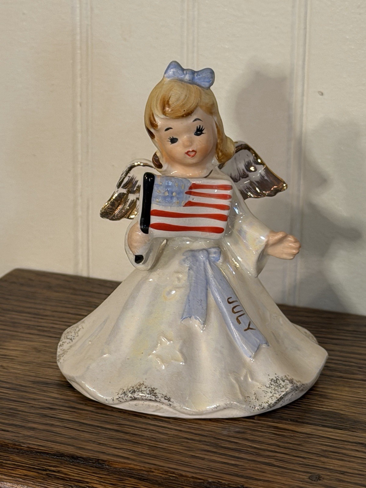 Vintage Norcrest July Birthday Angel Figurine Ceramic American Flag Patriotic
