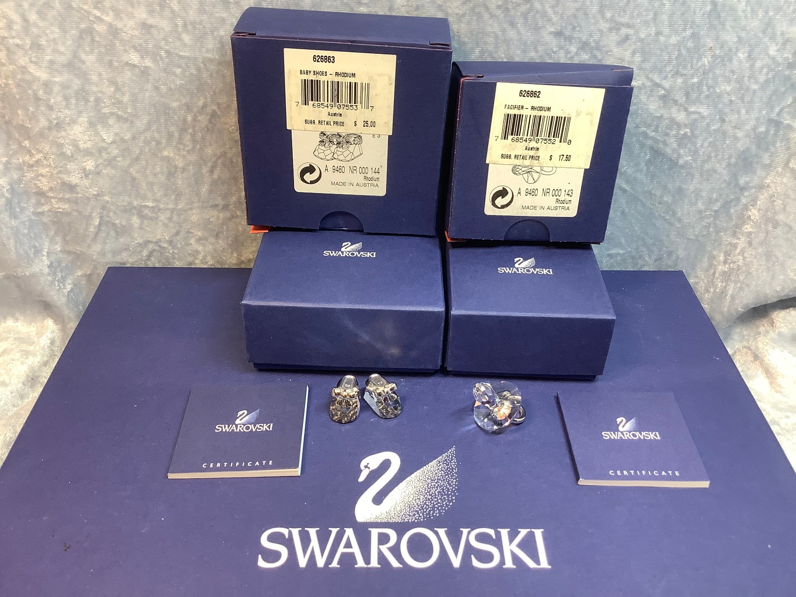 Swarovski Baby Shoes 626863 & Pacifier 626862. Crystal / Rhodium. MIB+COA